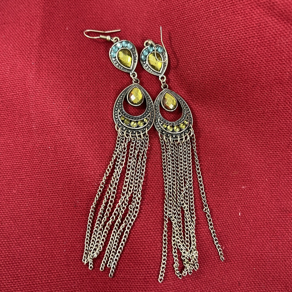 Dangle Earrings Yellow Blue Silver Bohemian Casual Tassel Fringe Accents